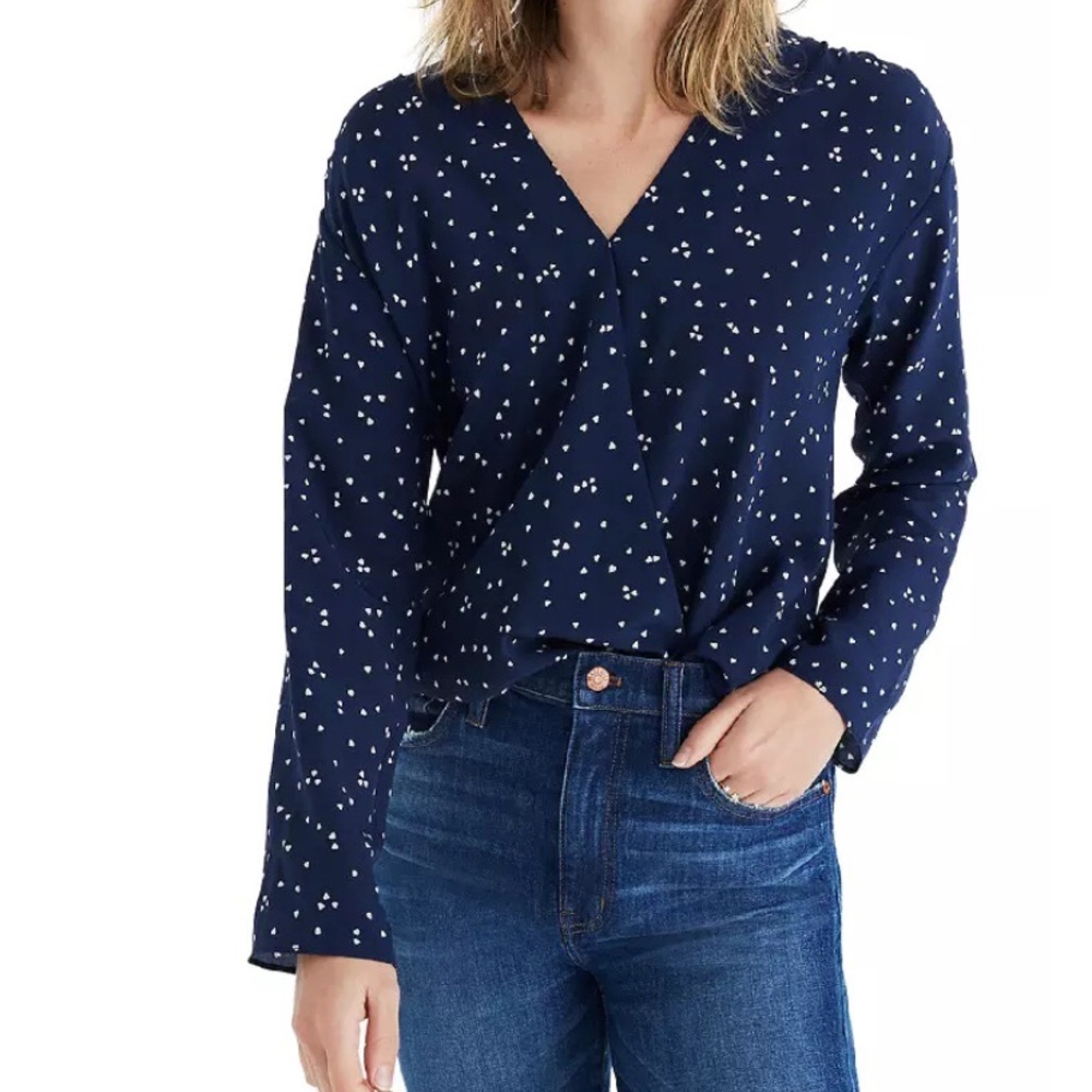 Madewell Silk Faux Wrap Blouse Navy Hearts